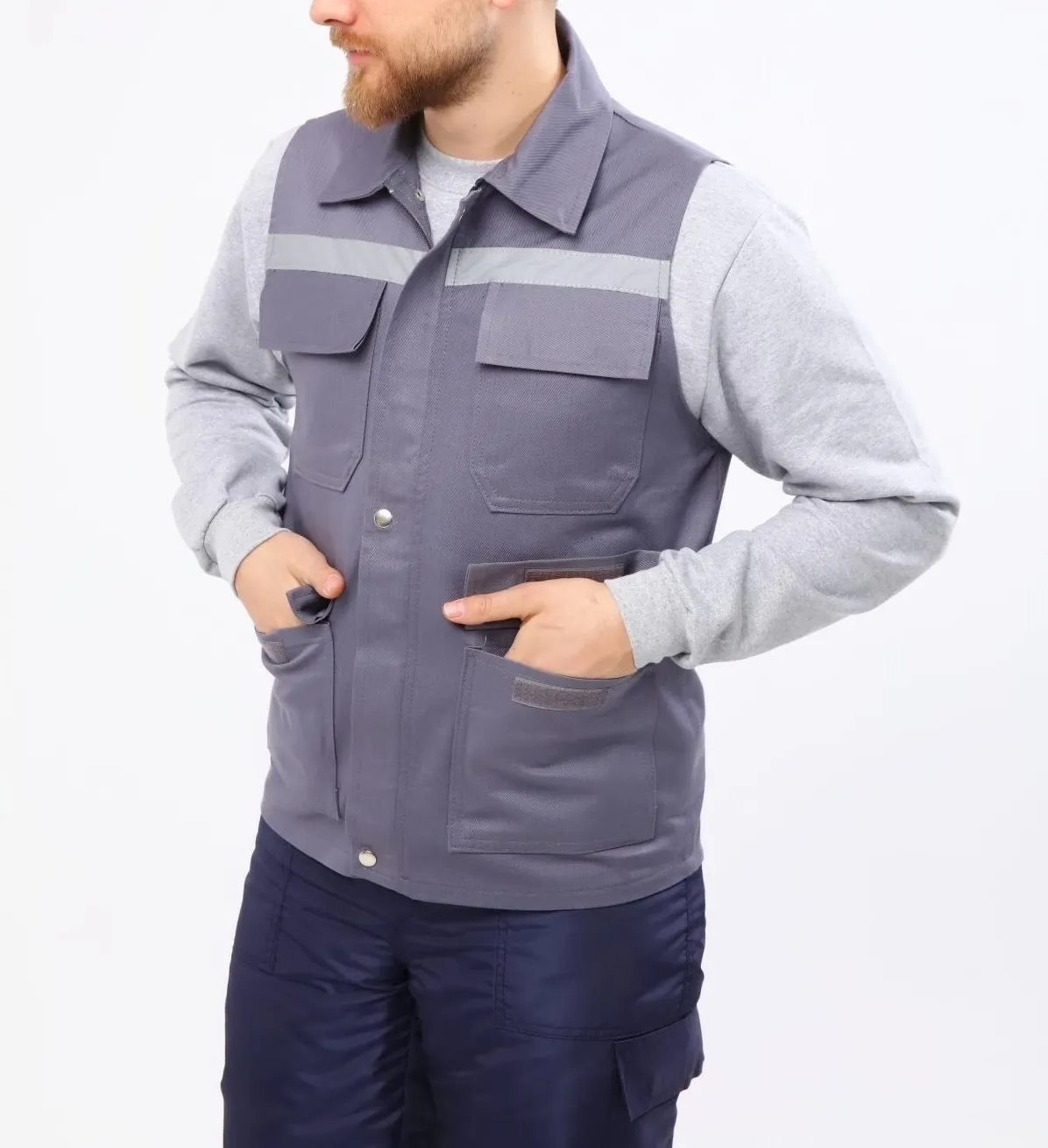 16/12 Gri Gabardin Çok Cepli Reflektörlü İşçi Yeleği