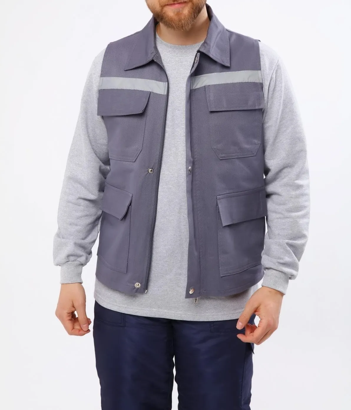 16/12 Gri Gabardin Çok Cepli Reflektörlü İşçi Yeleği