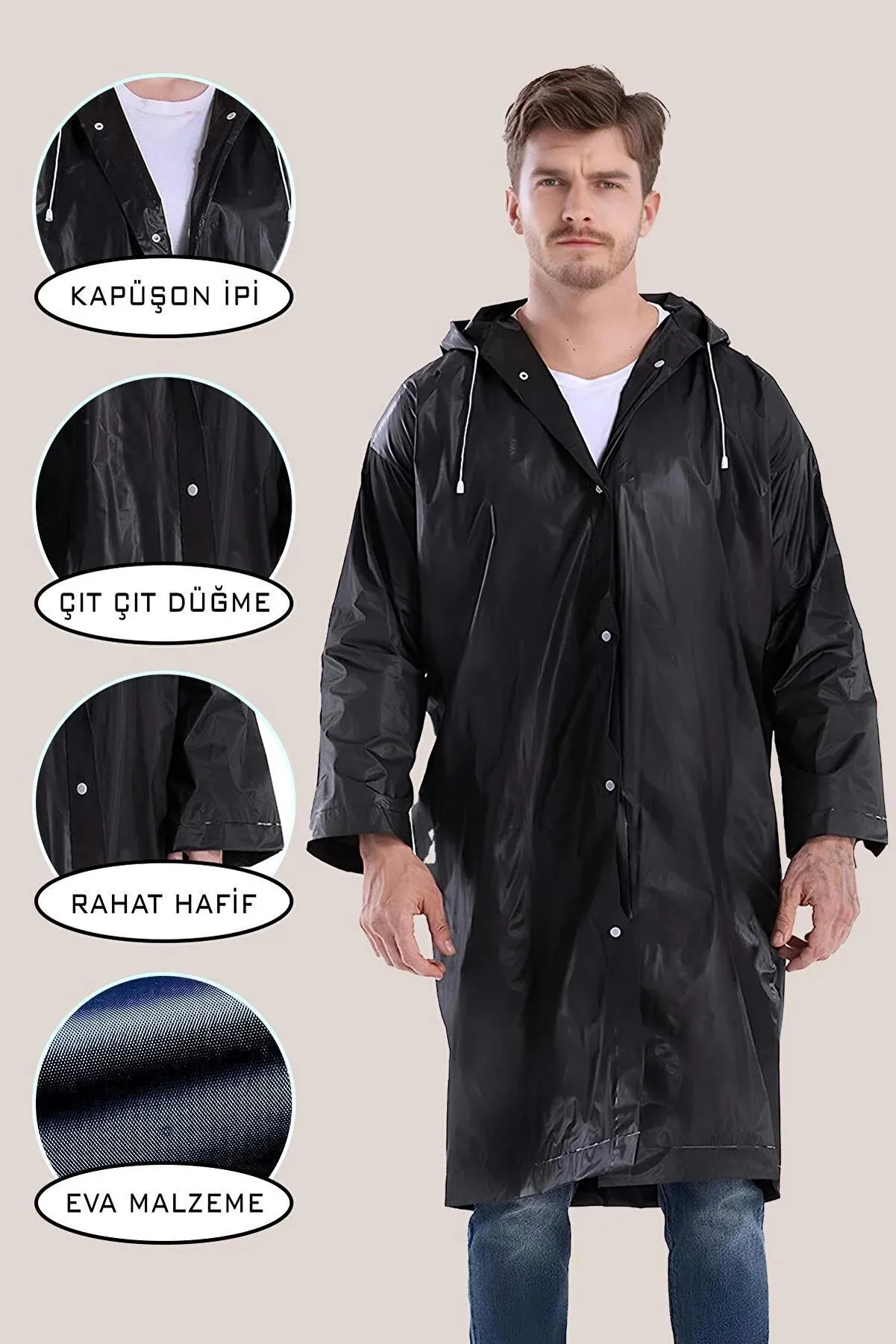 KKDSTOCK Unisex Yağmurluk Su Rüzgar Geçirmez Çıtçıtlı Kapüşonlu Eva Yağmurluk